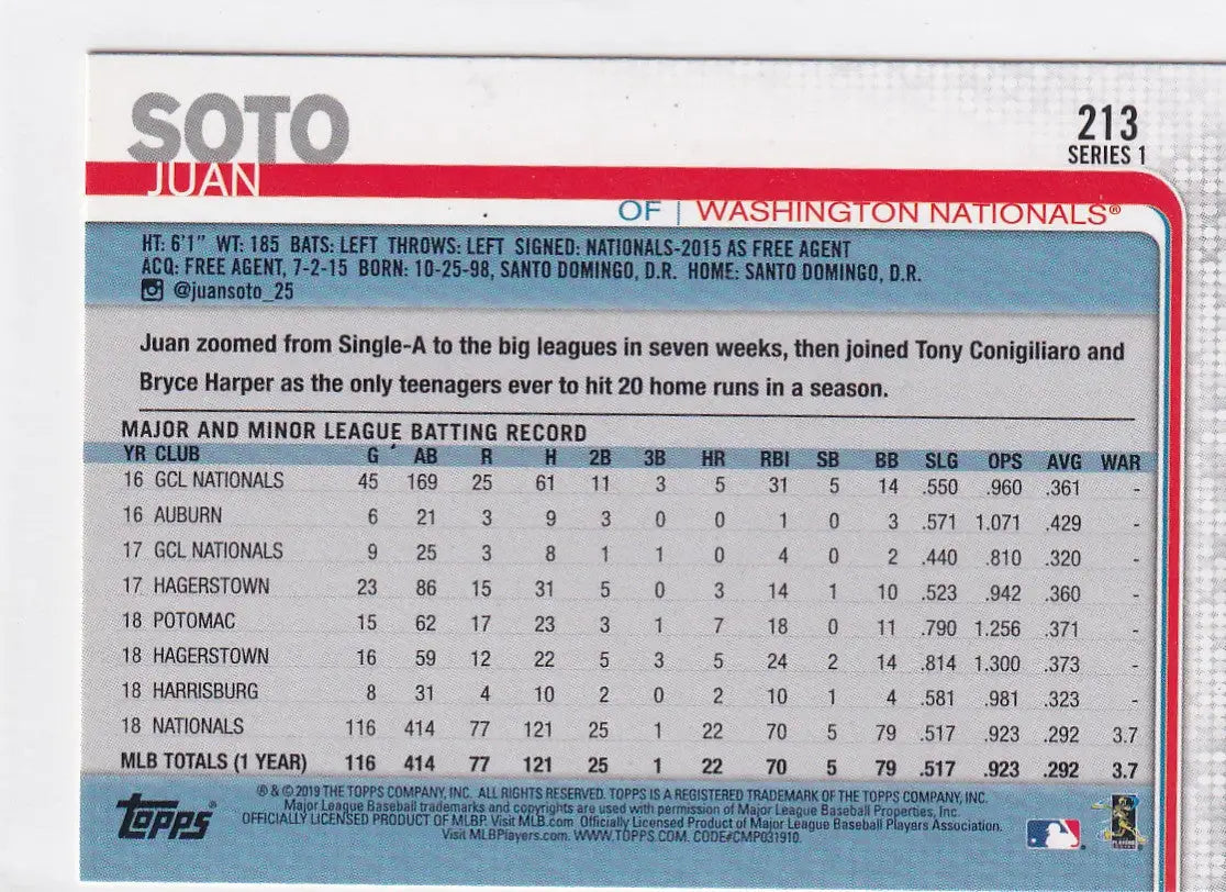 2019 TOPPS SERIES ONE #213 JUAN SOTO- WASHINGTON NATIONALS - Baseball Card Single