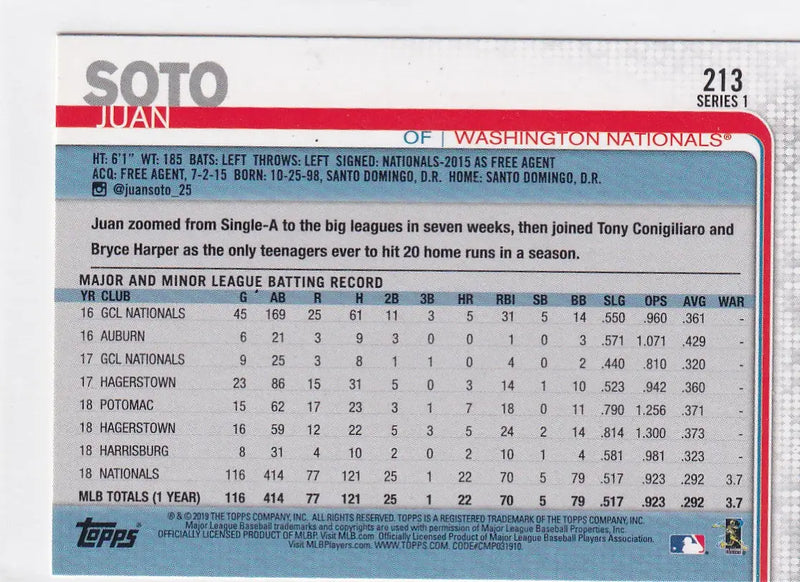 2019 TOPPS SERIES ONE #213 JUAN SOTO- WASHINGTON NATIONALS - Baseball Card Single