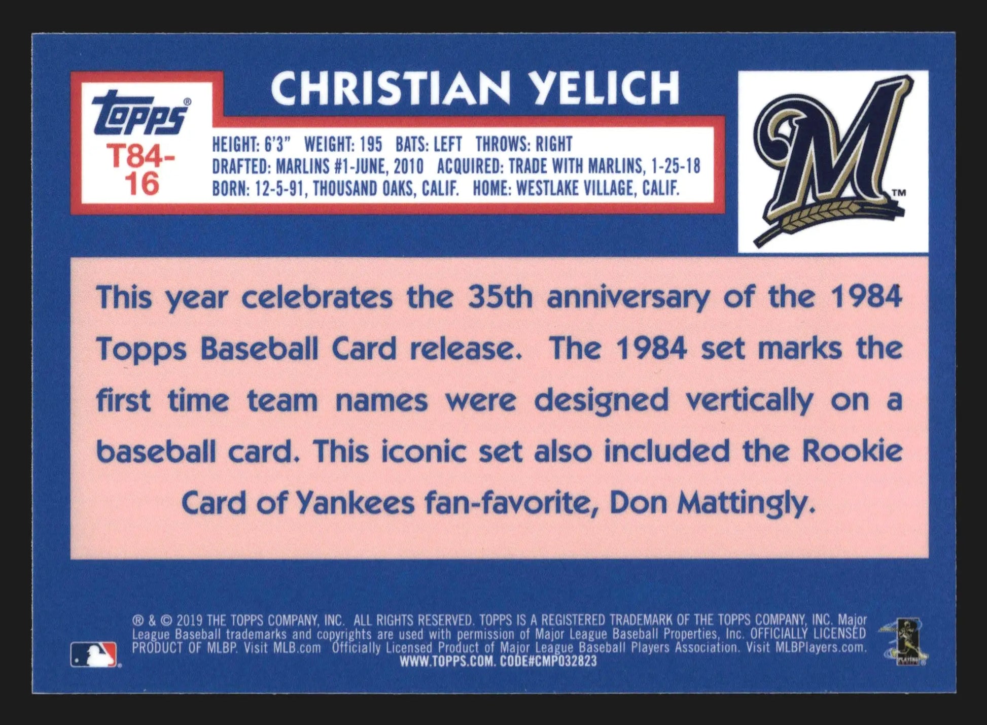 2019 Topps Silver Pack 1984 Chrome #T84-16 Christian Yelich Mojo - Baseball Card Single