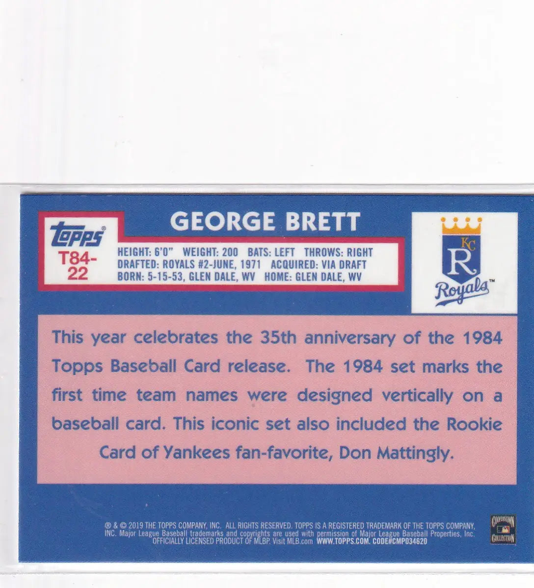 2019 TOPPS #T84-22 GEORGE BRETT MOJO- KANSAS CITY ROYALS - Baseball Card Single