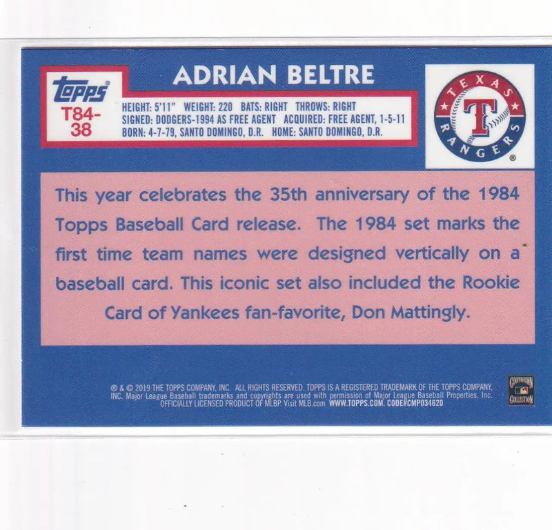 2019 TOPPS #T84-38 ADRIAN BELTRE MOJO- TEXAS RANGERS - Baseball Card Single
