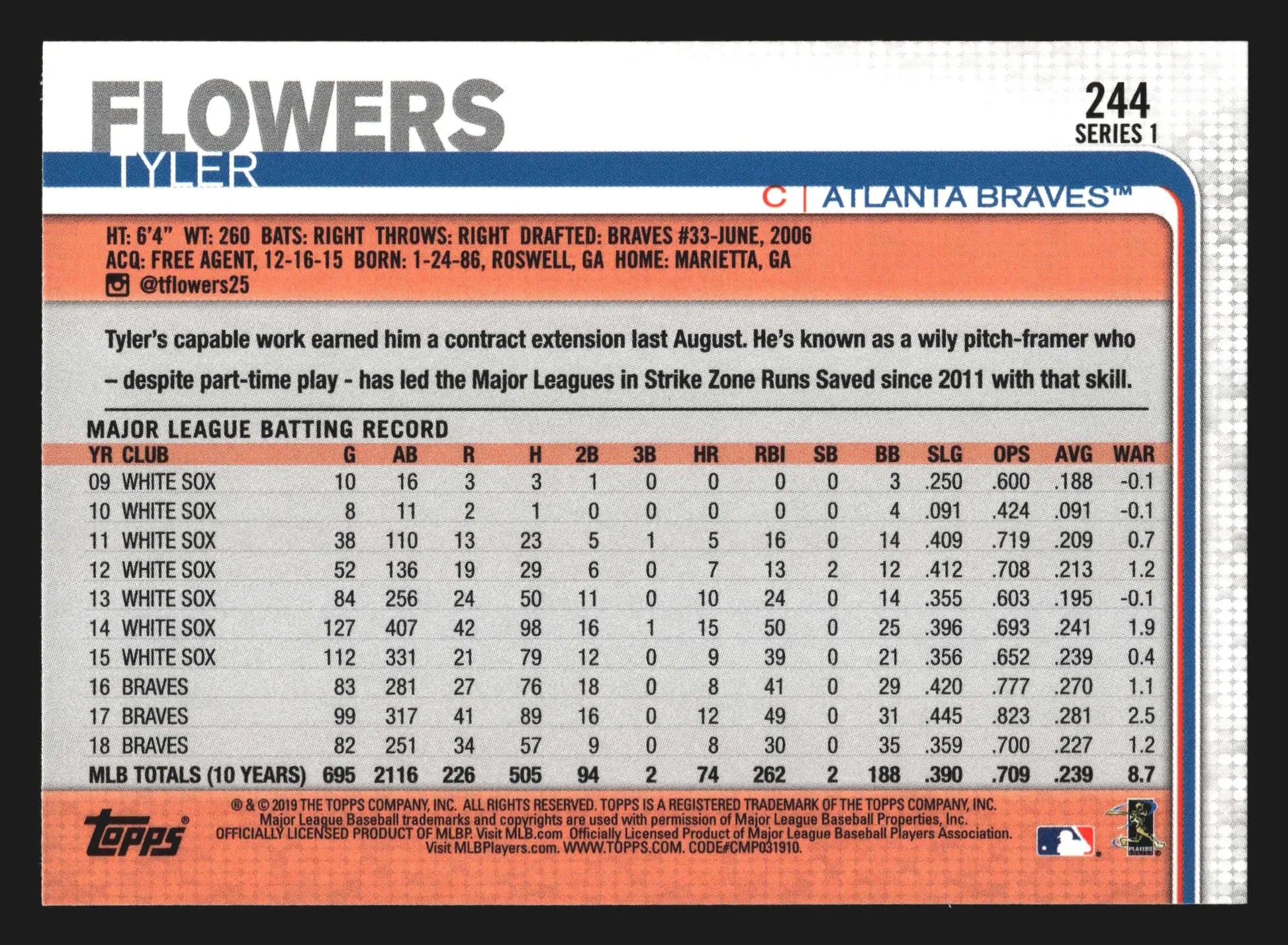 2019 Topps Tyler Flowers #244 Yellow Walgreens Atlanta Braves - Baseball Card Single