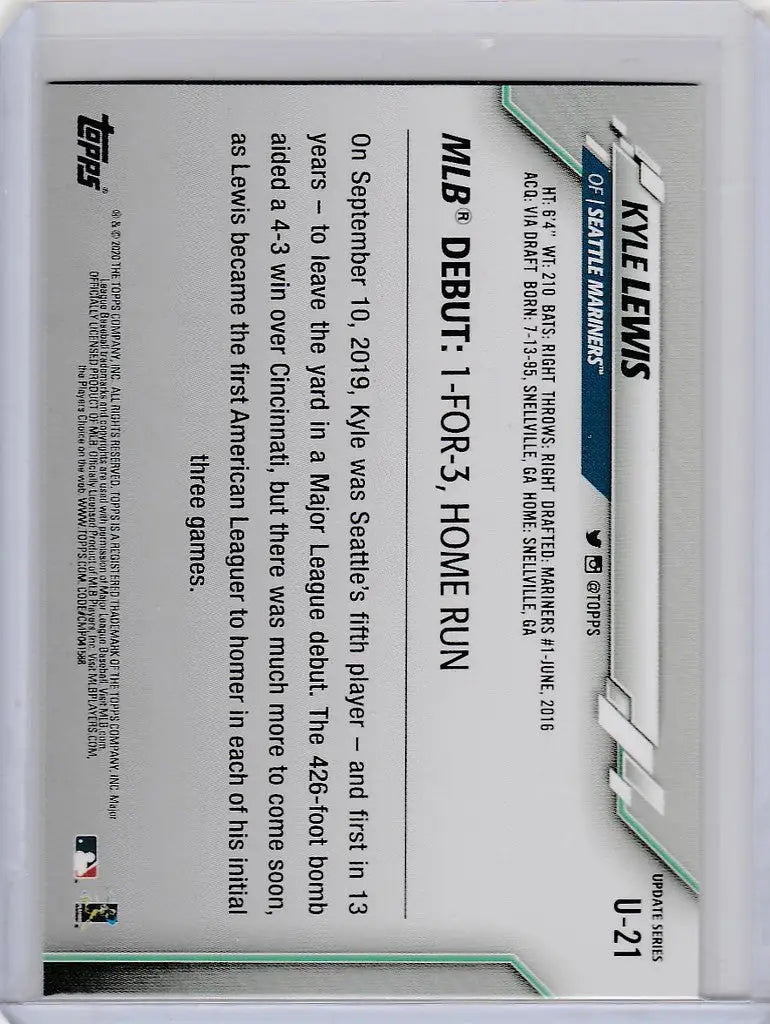 Baseball trading card of Kyle Lewis Seattle Mariners with player statistics and info