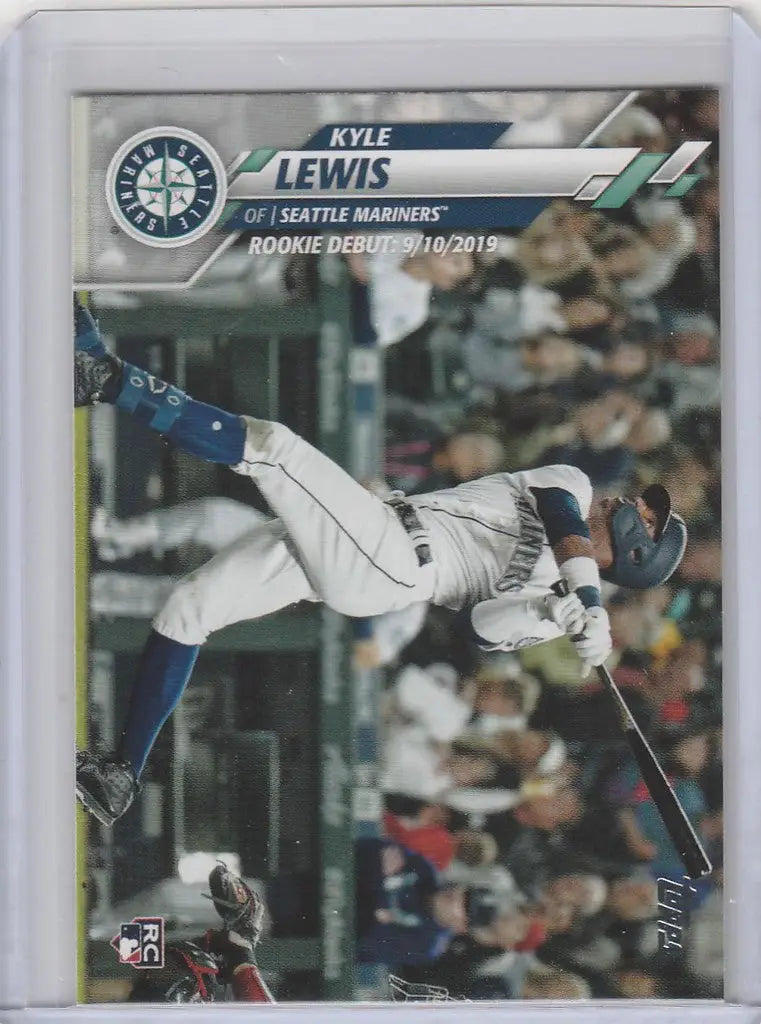 Baseball card of Kyle Lewis in Seattle Mariners uniform making a leaping catch