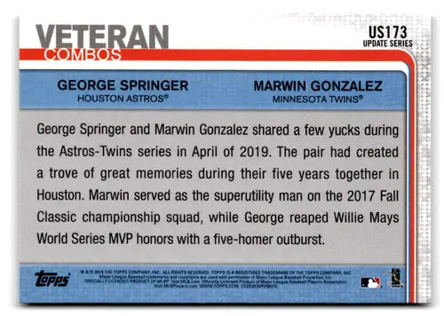 Baseball card from 2019 Topps Update 150th Anniversary featuring Marwin Gonzalez and George Springer