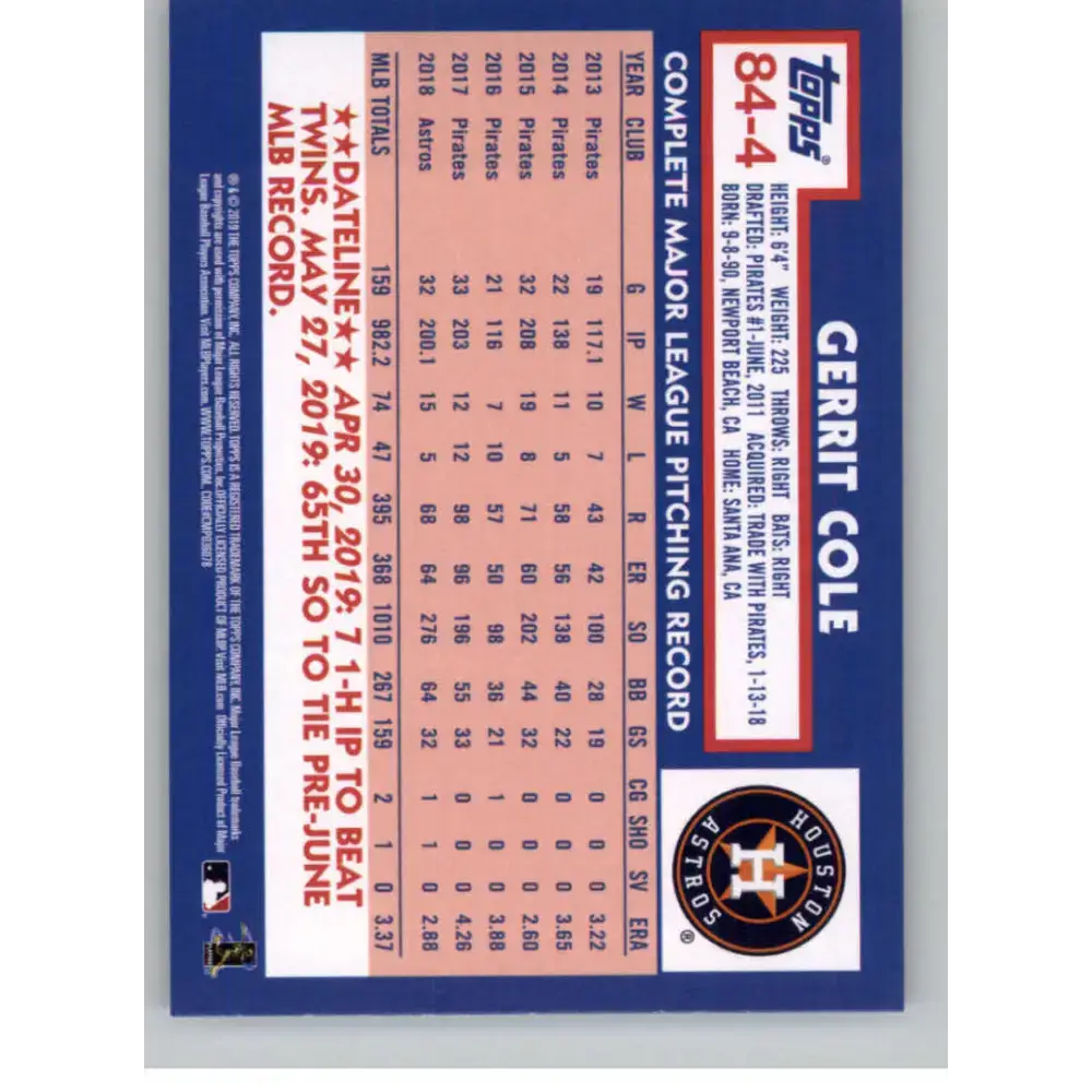 2019 Topps Update 1984 Topps #84-4 Gerrit Cole NM-MT Houston Astros Baseball Card - Baseball Card Single