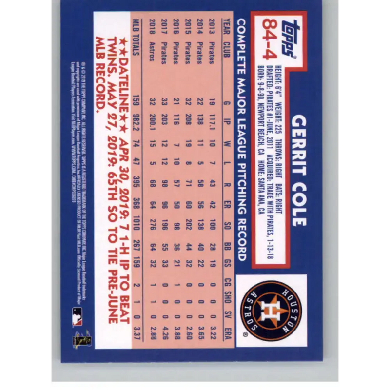 2019 Topps Update 1984 Topps #84-4 Gerrit Cole NM-MT Houston Astros Baseball Card - Baseball Card Single