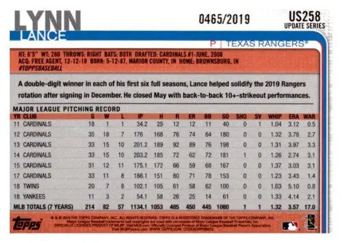 Original gloss 2019 Topps Update Gold US258 Lance Lynn baseball card image