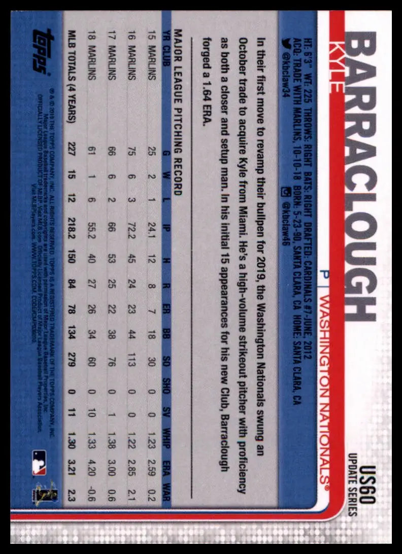 2019 Topps Update Kyle Barraclough US60 Washington Nationals NM - Baseball Card Single