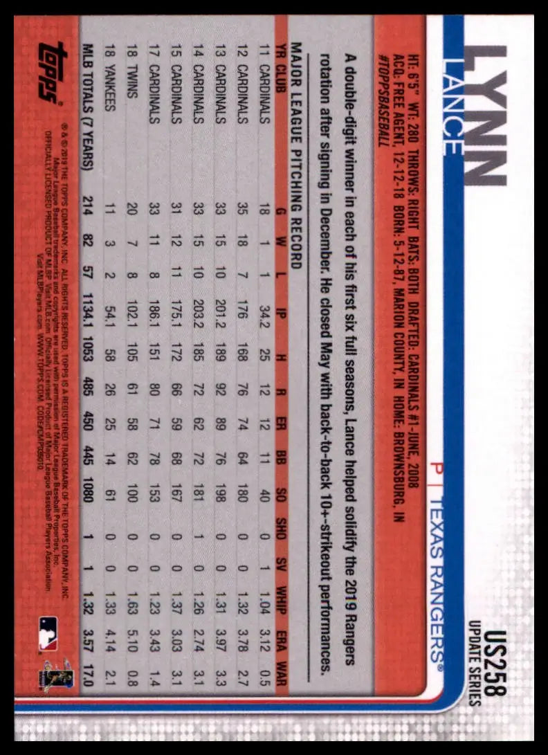 2019 Topps Update Lance Lynn US258 Texas Rangers NM - Baseball Card Single