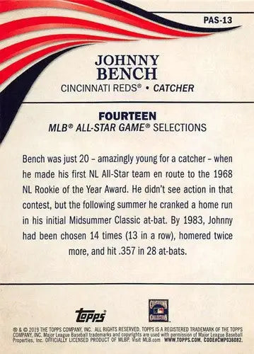 Johnny Bench baseball card back with original gloss from 2019 Topps Update Perennial All-Stars