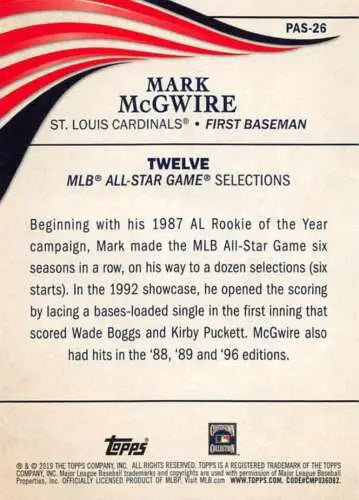 Back of 2019 Topps Update Perennial All-Stars Mark McGwire baseball card with original gloss