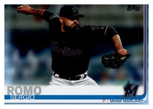 Baseball card featuring Sergio Romo in Miami Marlins uniform with original gloss and update rainbow foil
