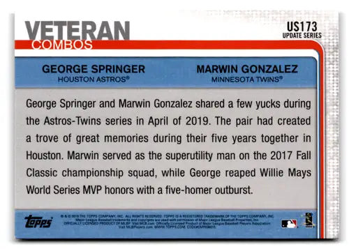 2019 Topps Update Rainbow Foil #US173 Marwin Gonzalez/George Springer NM-MT - Baseball Card Single