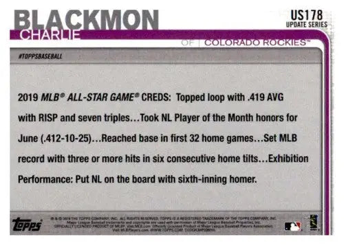 Baseball card featuring Charlie Blackmon from 2019 Topps Update Rainbow Foil series