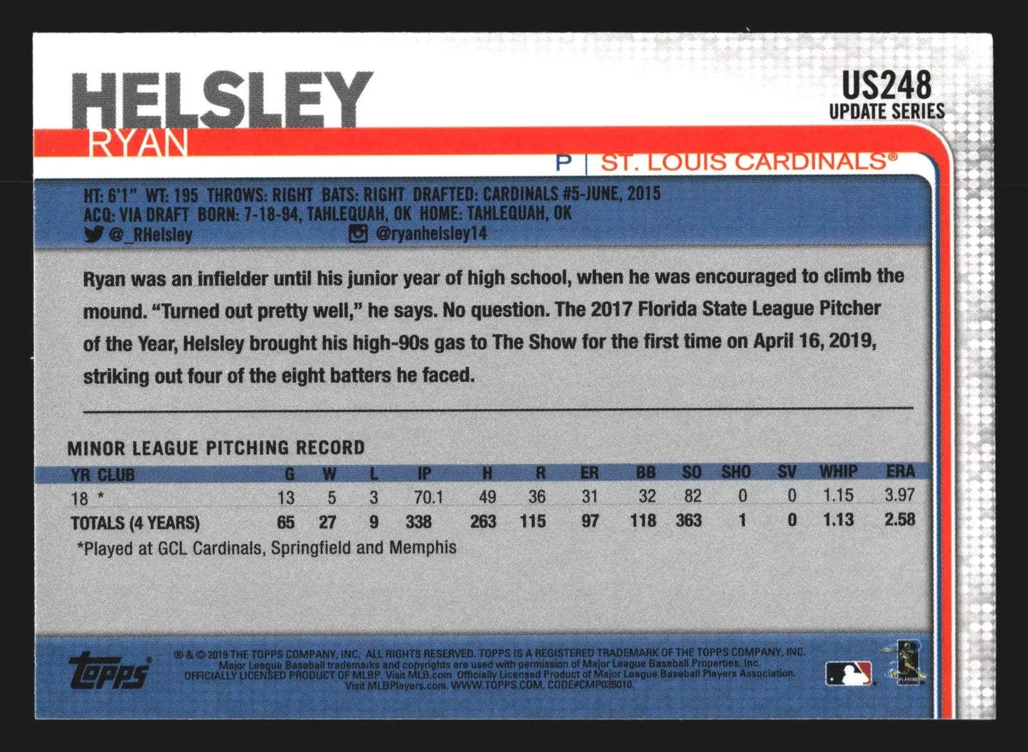 2019 Topps Update Ryan Helsley #US248 RC Rookie St. Louis Cardinals - Baseball Card Single