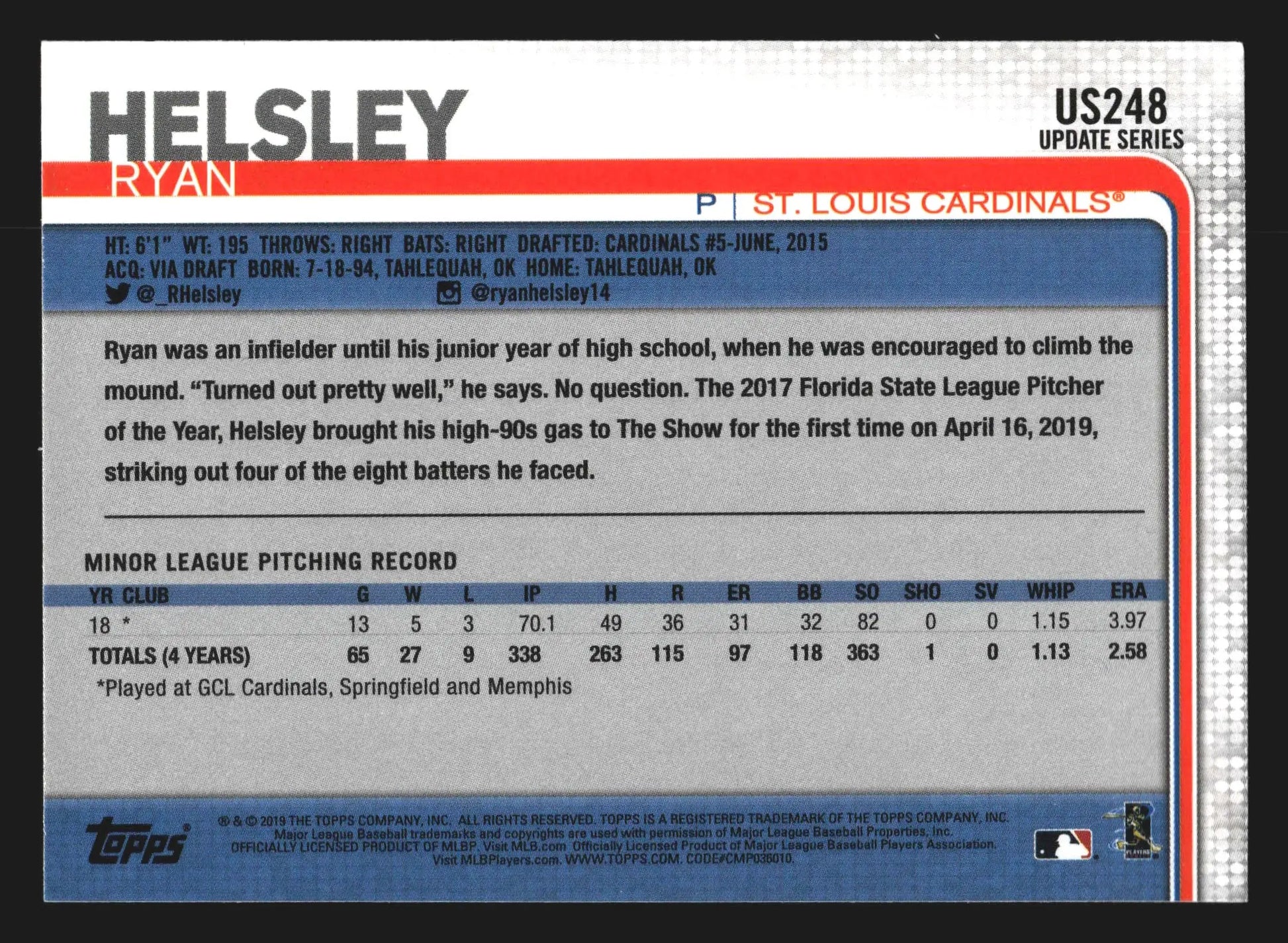 2019 Topps Update Ryan Helsley #US248 RC Rookie St. Louis Cardinals - Baseball Card Single