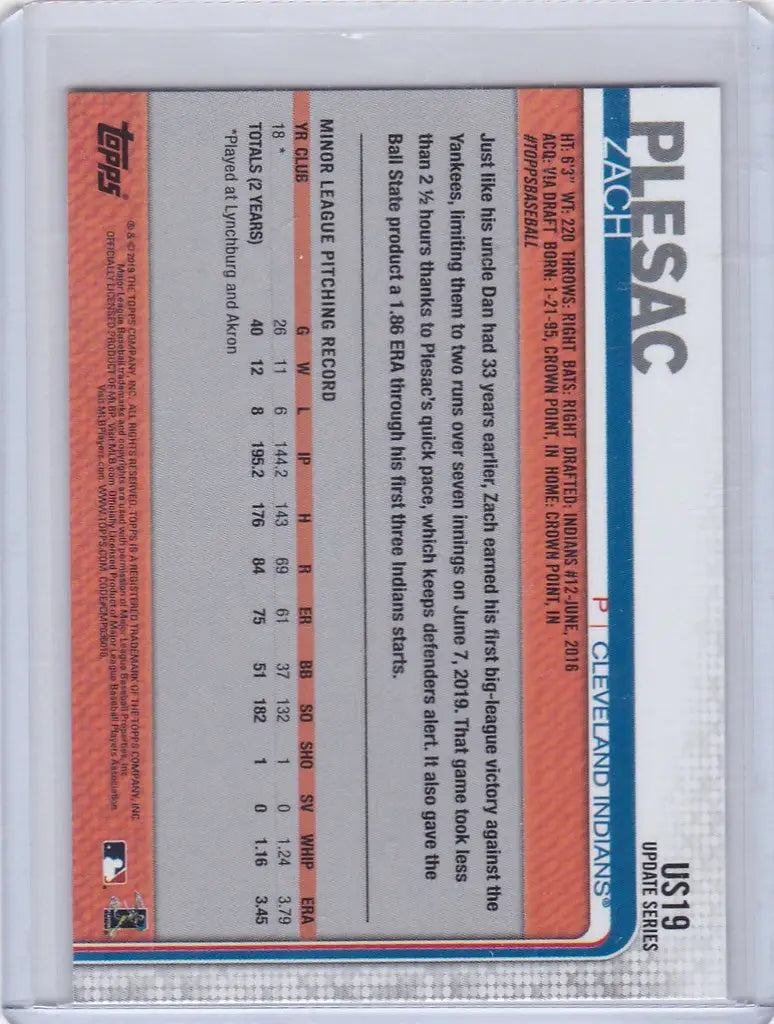 Back of 2019 Topps Update Series Plesac Zach Cleveland Indians baseball trading card