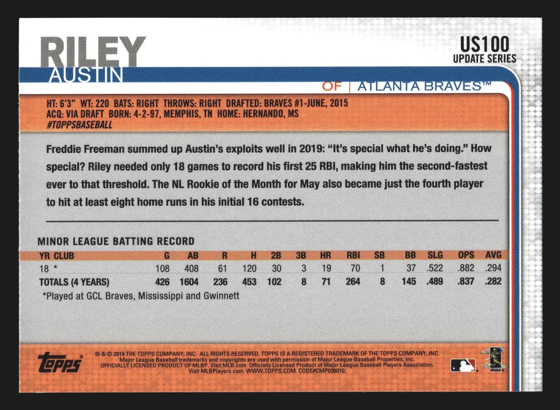 2019 Topps Update #US100 Austin Riley Braves RC - Baseball Card Single