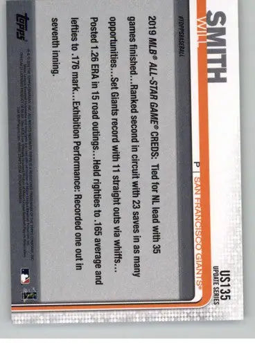 2019 Topps Update #US135 Will Smith NM-MT Giants - Baseball Card Single