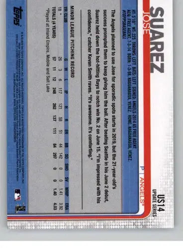 Original gloss US14 Jose Suarez baseball card from 2019 Topps Update featuring Angels rookie