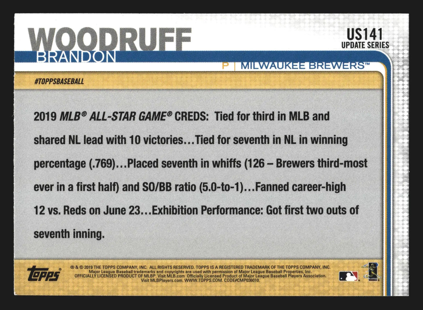2019 Topps Update #US141 Brandon Woodruff All-Star Game Brewers - Baseball Card Single