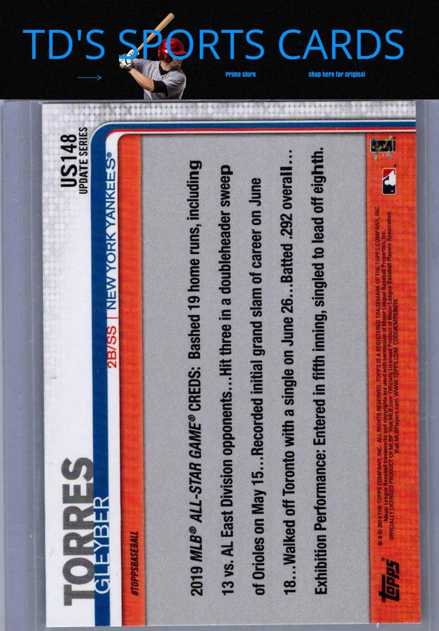 Gleyber Torres baseball card from 2019 Topps Update US148 Gleyber Torres