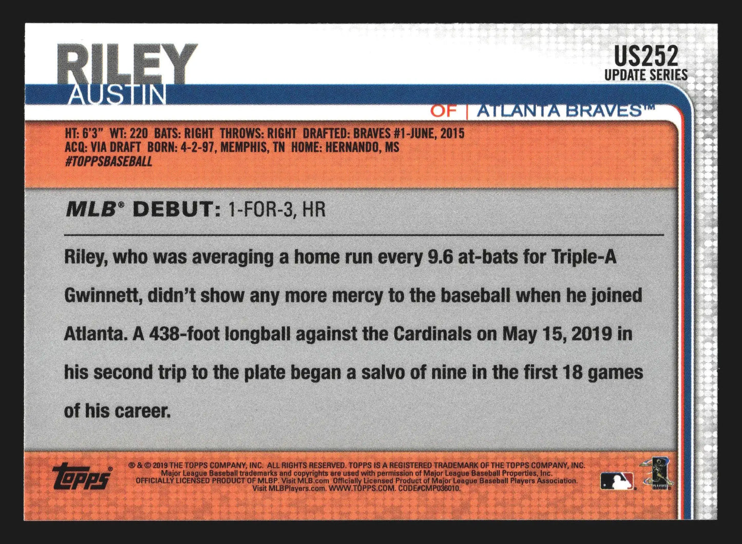2019 Topps Update #US252 Austin Riley Braves Rookie Debut RC - Baseball Card Single