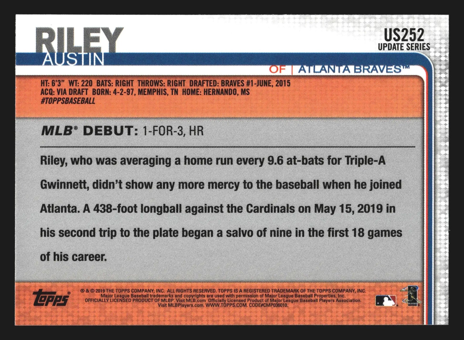 2019 Topps Update #US252 Austin Riley Braves Rookie Debut RC - Baseball Card Single