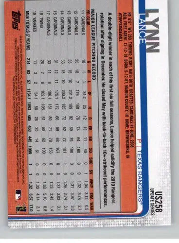 2019 Topps Update US258 Lance Lynn baseball card back with original gloss and details