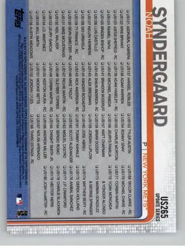 US265 Noah Syndergaard baseball trading card from Topps Update featuring Mets and checklist