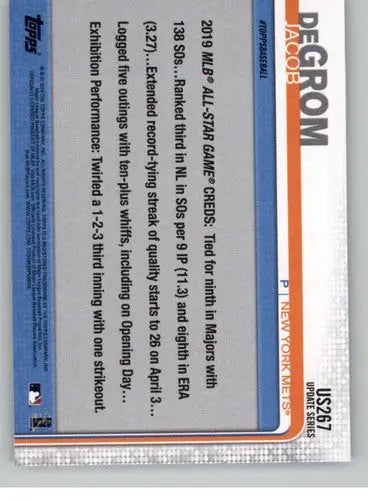 Baseball card back with original gloss from 2019 Topps Update Jacob deGrom Mets sports cards