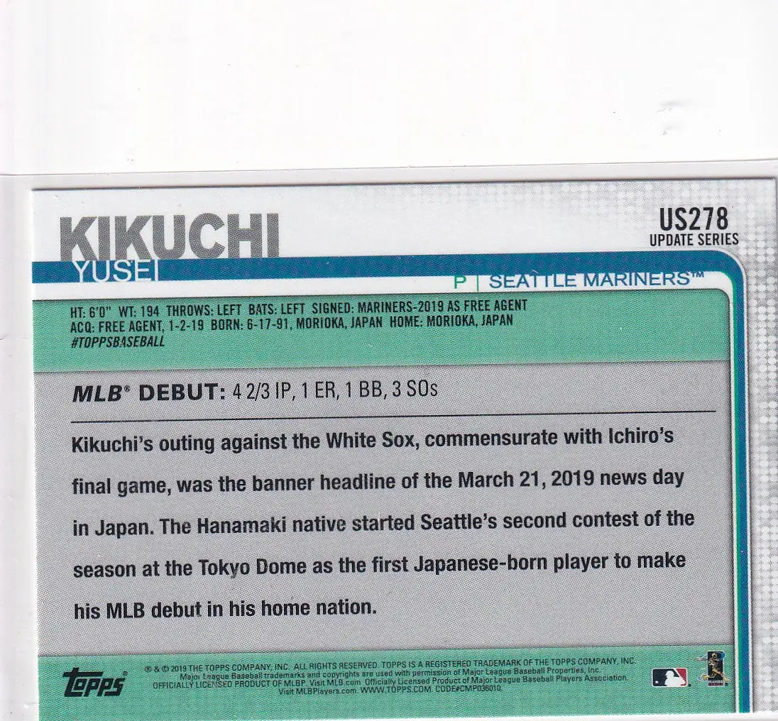 2019 TOPPS UPDATE #US278 YUSEI KIKUCHI HOLO- SEATTLE MARINERS - Baseball Card Single