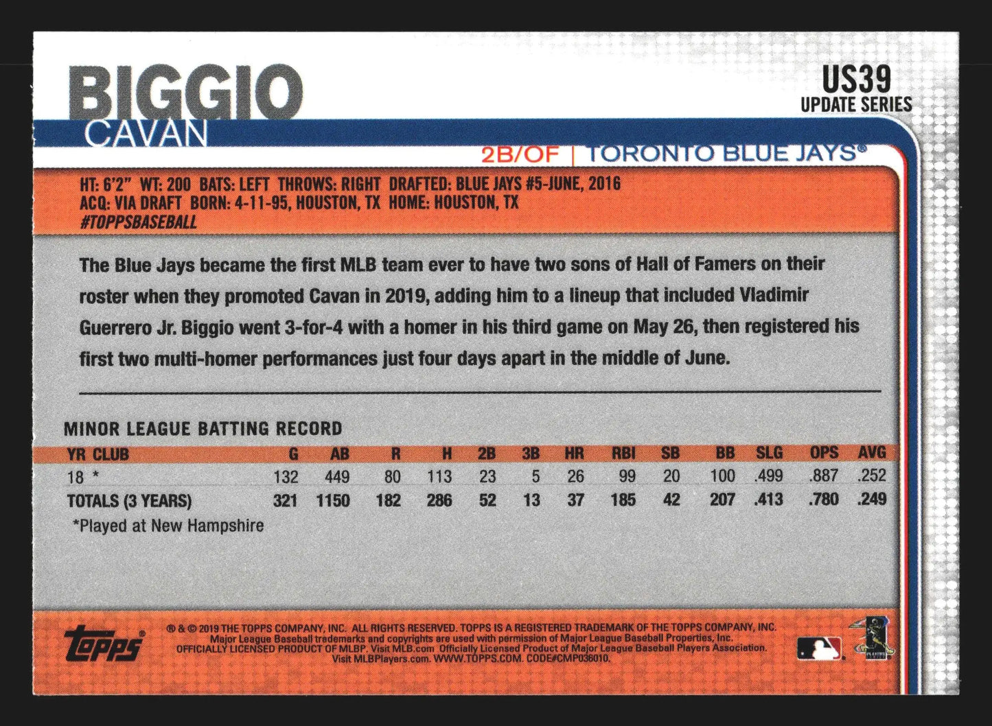 2019 Topps Update #US39 Cavan Biggio Toronto Blue Jays RC