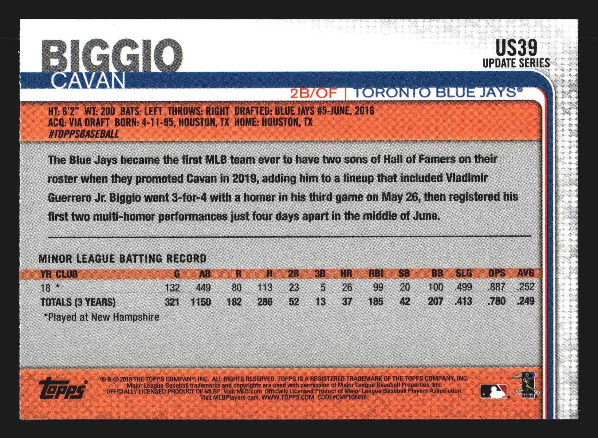 2019 Topps Update #US39 Cavan Biggio Toronto Blue Jays RC