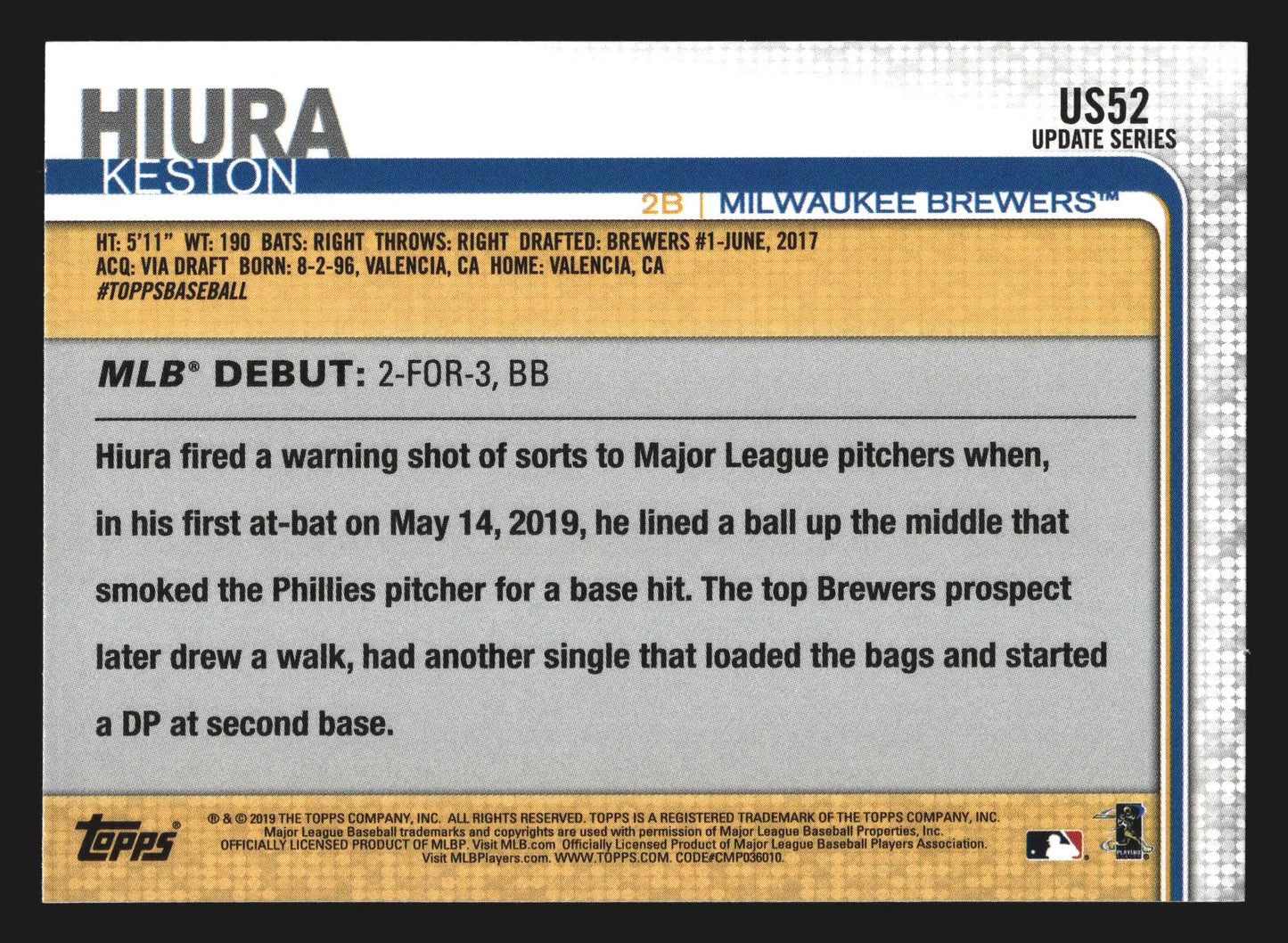 2019 Topps Update #US52 Keston Hiura Rookie Debut RC Brewers - Baseball Card Single