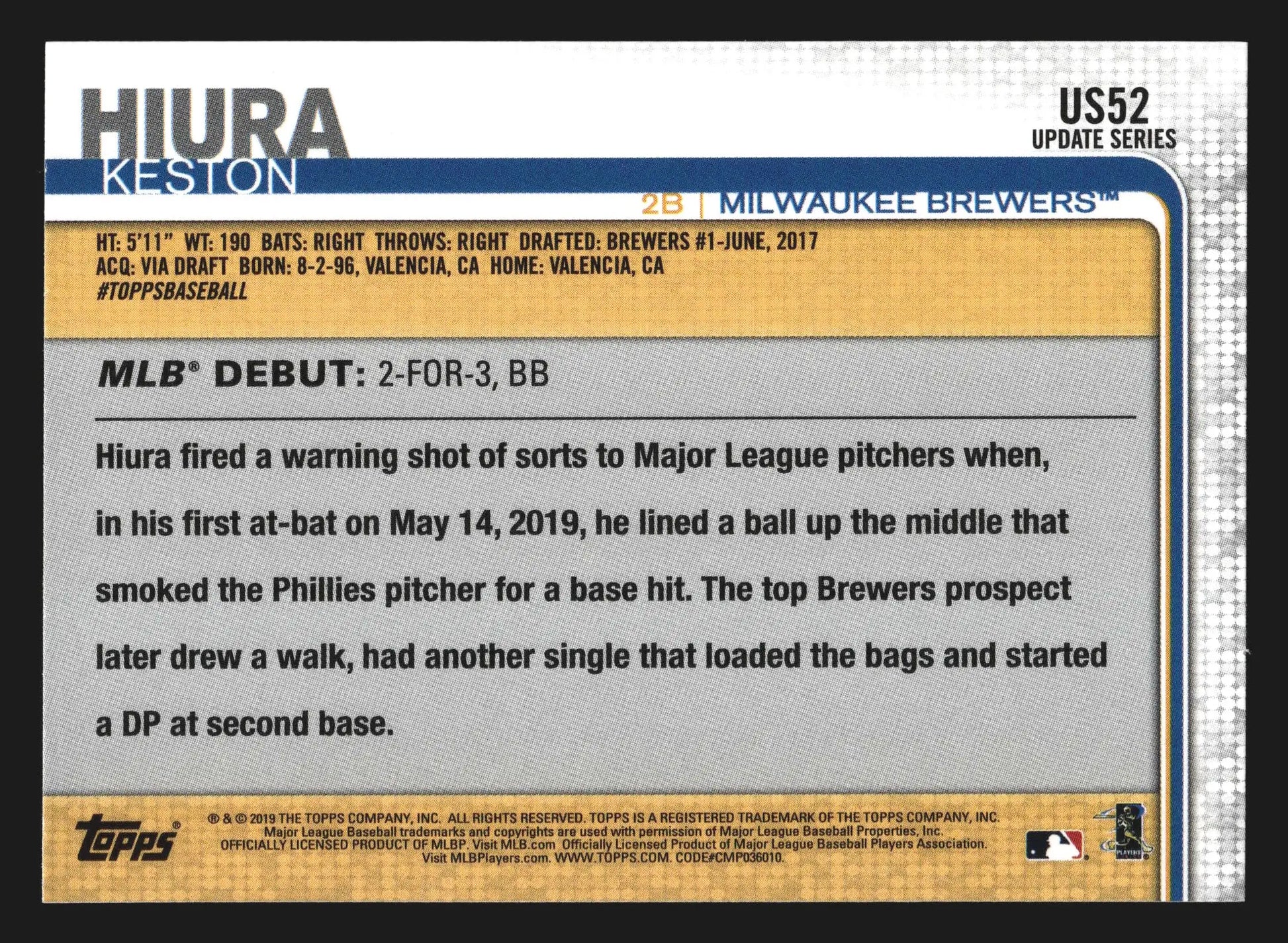 2019 Topps Update #US52 Keston Hiura Rookie Debut RC Brewers - Baseball Card Single