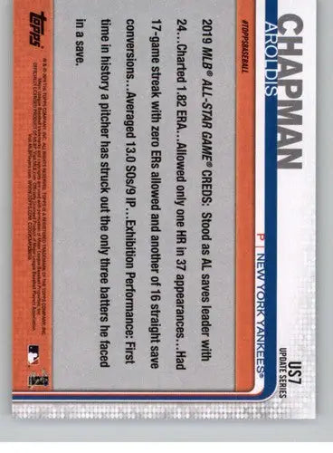 Back of 2019 Topps Update US7 Aroldis Chapman Yankees trading card with player stats
