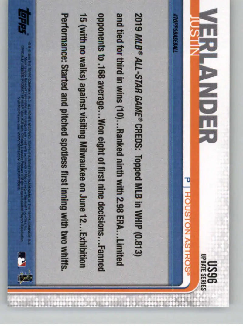 2019 Topps Update #US96 Justin Verlander NM-MT Astros ID:22830 - Baseball Card Single
