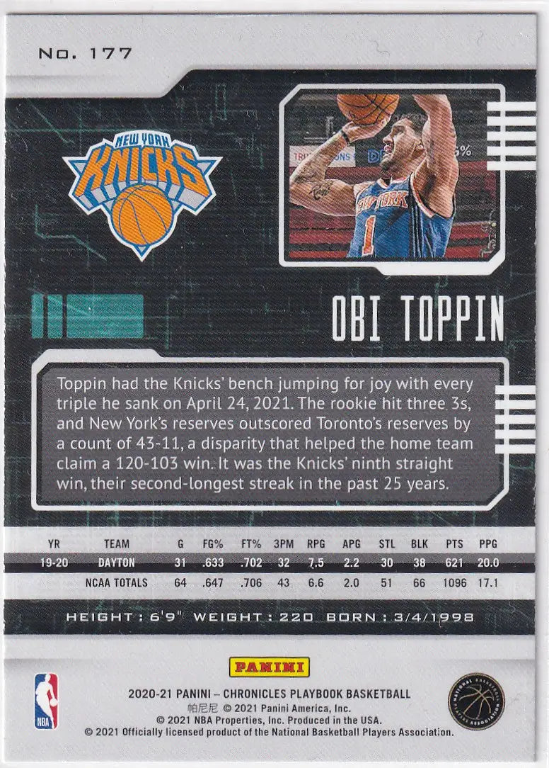 2020-21 CHRONICALS PLAYBOOK #177 OBI TOPPIN BRONZE- NEW YORK KNICKS