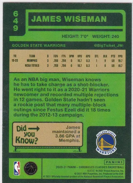Basketball trading card of James Wiseman RC for Golden State Warriors 2020-21 Chronicles Classics