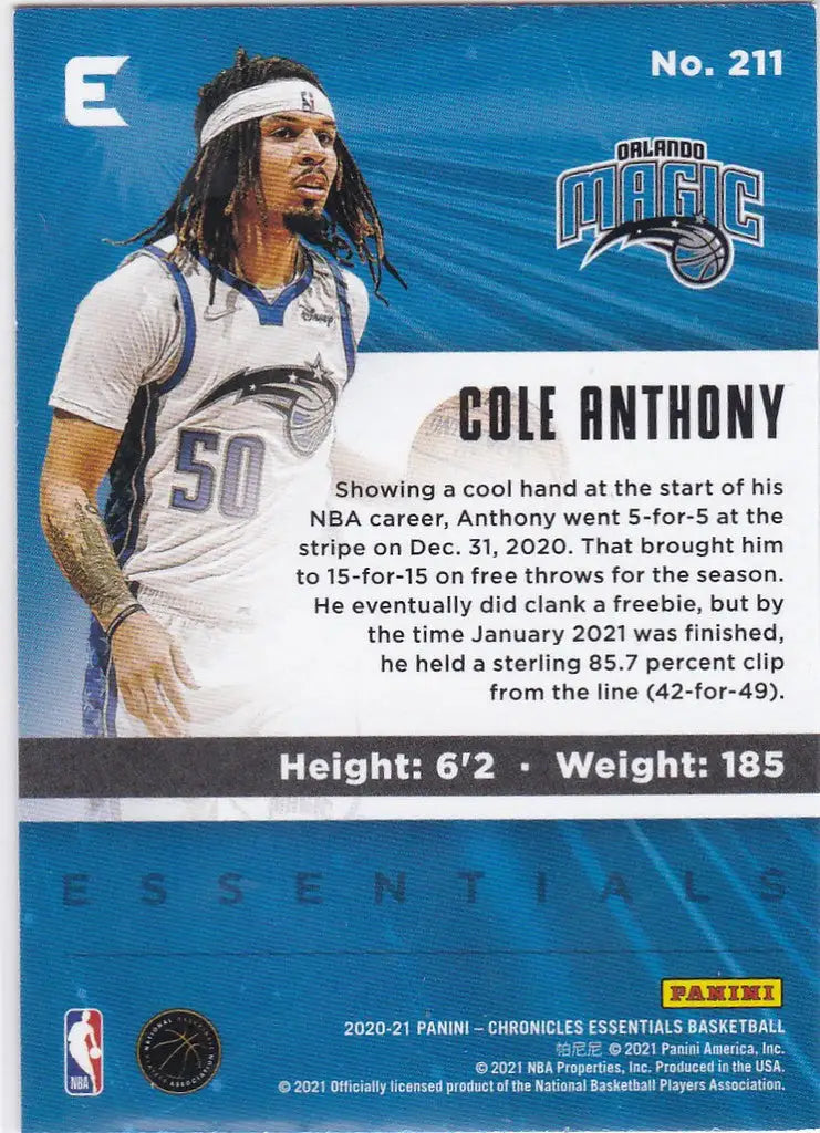 2020-21 Chronicles Essentials #211 Cole Anthony RC Orlando Magic