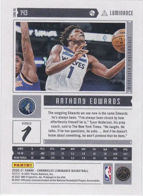 Basketball trading card of Anthony Edwards RC Minnesota in white jersey number 1 from Chronicles Luminance
