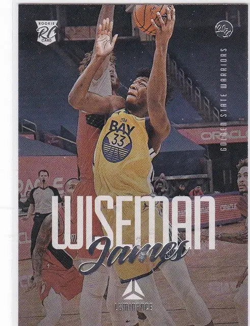 Basketball trading card of Wiseman RC Golden in Golden State Warriors yellow jersey shot