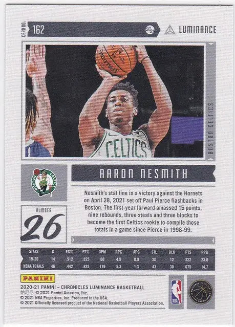 Basketball trading card of Aaron Nesmith RC Boston shooting ball from Chronicles Luminance