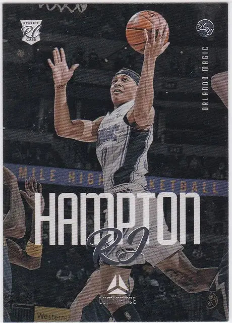 Basketball trading card of RJ Hampton mid-jump in 2020-21 Chronicles Luminance Orlando Magic