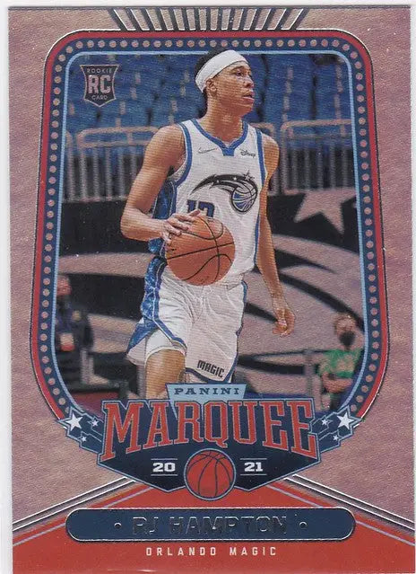 Basketball trading card of RJ Hampton RC Orlando Magic in white jersey holding a ball
