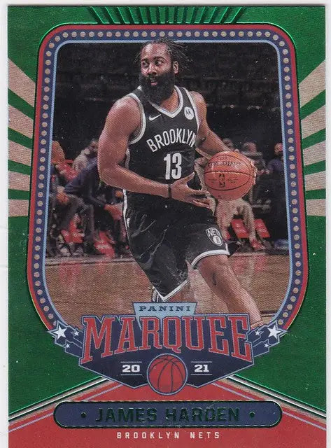 Basketball trading card of James Harden Green Parallel from Chronicles Marquee, Brooklyn Nets
