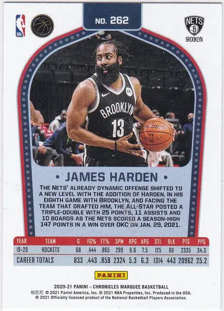 Basketball trading card of James Harden in Brooklyn Nets uniform from Chronicles Marquee Green Parallel
