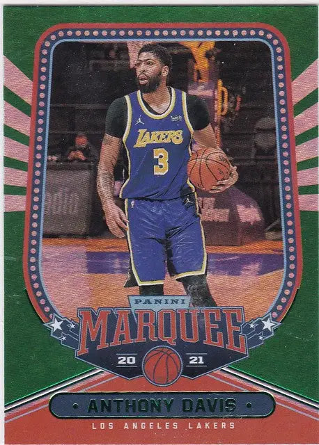 Basketball trading card of Anthony Davis Green parallel in blue Lakers uniform number 3
